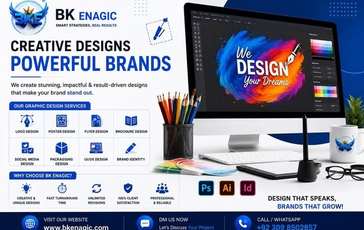 Graphic Design Services The Key to Building a Powerful Brand Identity 1 At BK Enagic, we provide creative and professional Graphic Design Services that help businesses establish a strong visual identity and achieve long-term growth. Our designs are crafted to enhance brand recognition, improve customer engagement, and drive business success.